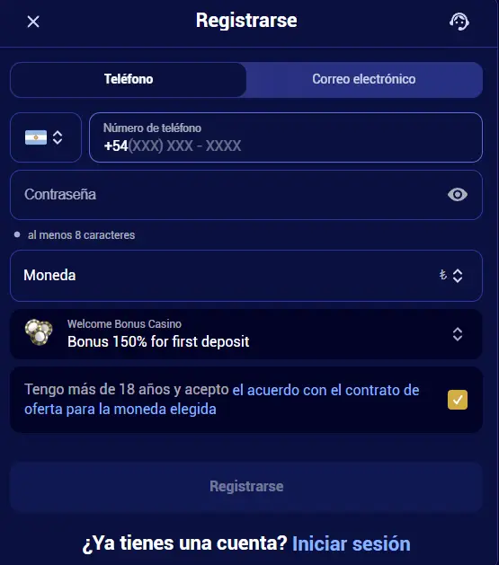Registra una cuenta en Spinay Casino